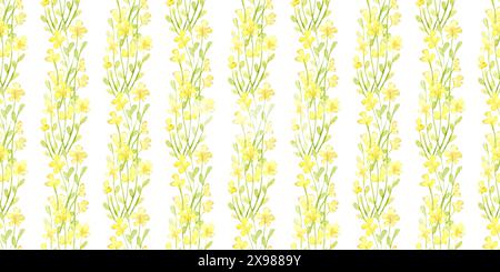 Blumen kleine gelbe vertikale Streifen, Aquarellabbildung. Sommerwiese mit Blumenmuster und Wildblumen. Vom Hintergrund isoliert. Element Stockfoto