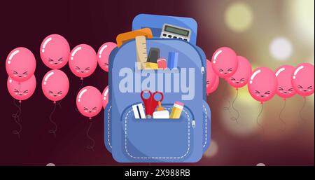 Abbildung: Schultasche und pinkfarbene Ballonsymbole vor Lichtflecken Stockfoto