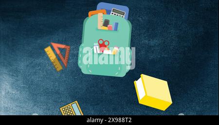 Bild der Symbole des Schulkonzepts, die aus der Schultasche und dem Kopierraum fallen, auf blauem texturiertem Hintergrund Stockfoto