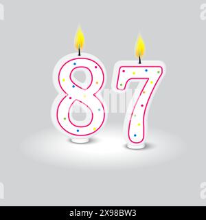 Nummer achtzig sieben. Geburtstagskerzenvektor. Bunte Polka Dots. Graue Hintergrunddarstellung. Stock Vektor