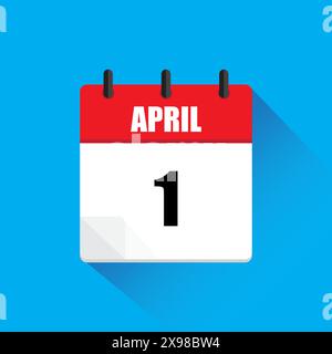 Erster April-Kalender. Rot-weißer Vektor. Blaues Hintergrundsymbol. Illustration mit langem Schatten. Stock Vektor