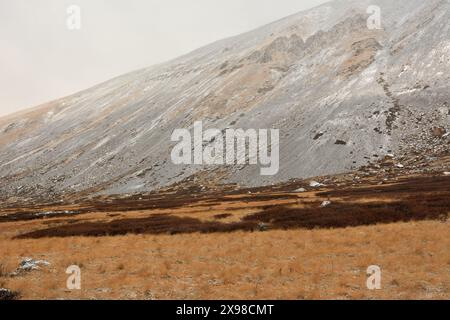 Ein steiler Hang eines hohen Berges mit feinem Kies auf den Hängen, die mit ersten Schnee am Rande einer Lichtung mit gelblichem Gras auf einem bewölkten Au bestreut sind Stockfoto