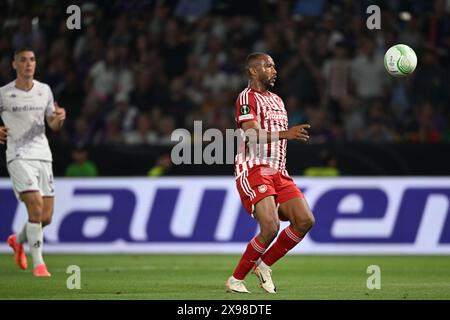 Ayoub El Kaabi (Olympiacos FC) während des Endspiels der UEFA Europa Conference League zwischen Olympiacos 1-0 d.t.s. Fiorentina in der AEK Arena am 29. Mai 2024 in Athen. Quelle: Maurizio Borsari/AFLO/Alamy Live News Stockfoto