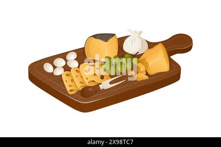 Bunte Illustration der Käseplatte. Verschiedene Käsesorten und Trauben im realistischen Stil. Vektorabbildung. Stock Vektor