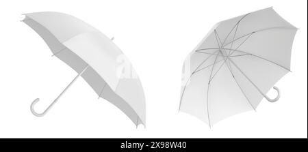 Modell des weißen Regenschirms in verschiedenen Blickwinkeln für Branding-Werbung. Realistischer 3D-Vektor-Illustrationssatz von isolierten leeren offenen automatischen Sonnenschirmen mit Griffschablone von der Seite und von der Vorderseite. Stock Vektor