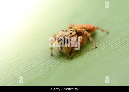 Spinnen, die auf Blätter springen. Die Details der kleinen Spinne werden mit einem Nahaufnahme-Makro erfasst. Stockfoto