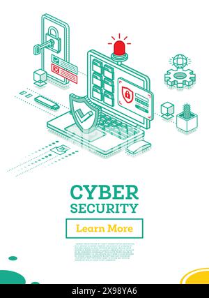 Cyber-Sicherheitskonzept. Schildsymbol. Isometrischer Laptop und Smartphone mit Schlüssel in Schloss eingefügt. Datenschutz. Vektorgrafik. Authentifizierung Stock Vektor