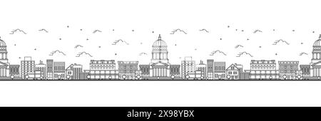 Nahtloses Muster mit umrissener Skyline von Montpelier Vermont. Moderne Gebäude isoliert auf White. Vektorabbildung. Montpelier, USA, Stadtbild. Stock Vektor