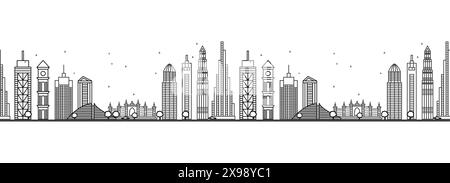Nahtloses Muster mit umrissener Skyline von Dubai VAE. Moderne Gebäude. Vektorabbildung. Line Art Stadtbild mit Wahrzeichen. Stock Vektor