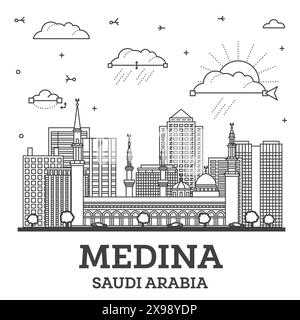 Umreißen Sie die Skyline der Medina Saudi-Arabien City mit modernen und historischen Gebäuden, isoliert auf Weiß. Vektordarstellung. Medina Stadtbild mit Wahrzeichen. Stock Vektor