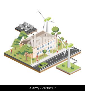 Isometrisches zweistöckiges Wohngebäude mit Solarpaneelen und Windturbinen. Grünes, umweltfreundliches Haus. Infografik-Element. Infografik-Element. Vec Stock Vektor