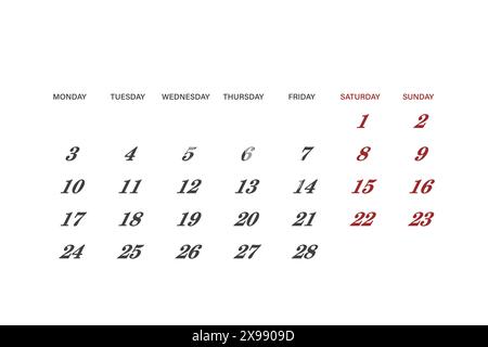 Kalender für Februar 2025. Die Woche beginnt am Montag. Stock Vektor