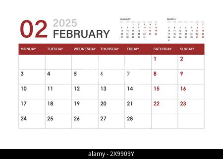 Kalender für Februar 2025. Die Woche beginnt am Montag Stock Vektor