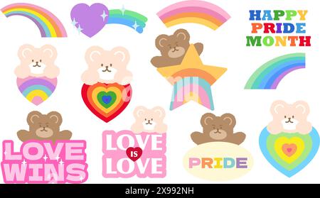 Happy Pride Month mit Teddybär und Regenbogen für Logo, Icon, Aufkleber, Tattoo, Haustier, tierarzt, Tiergeschäft, Dekoration, Hemddruck, Liebeszeichen, Symbol, Spielzeug, Anzeige Stock Vektor