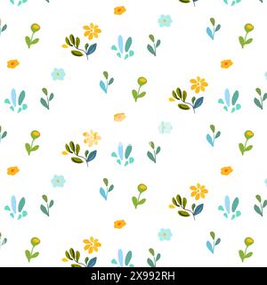 Drucken. VektorillustrationSeamless Muster mit einfachen, hellen Blumen und Pflanzen im Volkskunststil auf einem weißen Hintergrund. Ideal für Textilien, Tapeten und Frühlingsdesigns. Mit lebhaften Farben und traditionellen Motiven Stock Vektor