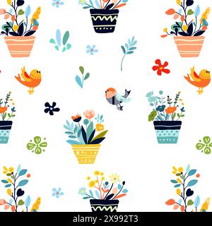 Nahtloses Blumenmuster dekorativer heller Blumen in Töpfen auf weißem Hintergrund. Für Textilien, Tapeten Verpackung Wohnkultur Muster Bunte Topfpflanzen elegante Hintergrundschablone Stock Vektor