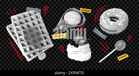 Einfarbige Desserts, Waffeln mit Honig, Eis, Meringue-Kuchen und Donut auf dunklem Hintergrund mit roten Linien. Kreatives Design. Stockfoto