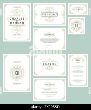 Set Hochzeitseinladungskarten blühen Ornamente. Laden Sie ein, speichern Sie das Datum, die Tabellennummer und das Informationsdesign und die Antwort. viktorianische Vintage-Rahmen Stock Vektor