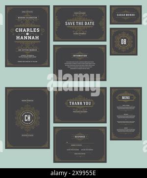 Set Hochzeitseinladungskarten blühen Ornamente. Laden Sie ein, speichern Sie das Datum, die Tabellennummer und das Informationsdesign und die Antwort. viktorianische Vintage-Rahmen Stock Vektor