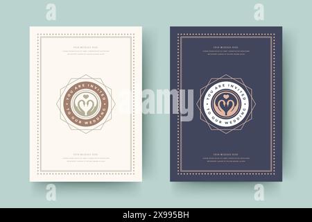 Hochzeitseinladungen speichern die Datumskarten Design Vektor Illustration. Vintage-Vorlagen für die Hochzeitseinladung. Goldener STYLE. Stock Vektor
