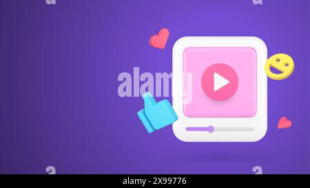 Video-Player Social Media Netzwerk Unterhaltung Inhalte Live-Übertragung 3D-Symbol realistische Vektorillustration. Multimediale Kommunikation im Cyberspace mit Stock Vektor