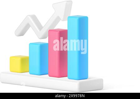 Datenanalyse Balkendiagramm dynamischer Pfeil nach oben Geschäftsstatistik Anstieg 3D-Symbol realistische Vektorillustration. Diagrammdiagramm Erfolgsanalyse der Ergebnisse Stock Vektor