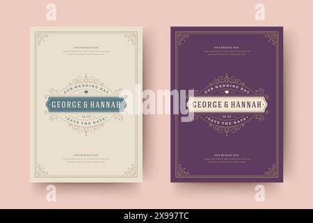 Hochzeitseinladung speichern die Datumskarte Vorlage blüht Ornamente Vignette Swirls. Vintage viktorianische Ornate Rahmen und Dekoration Hochzeit elegant Inv Stock Vektor