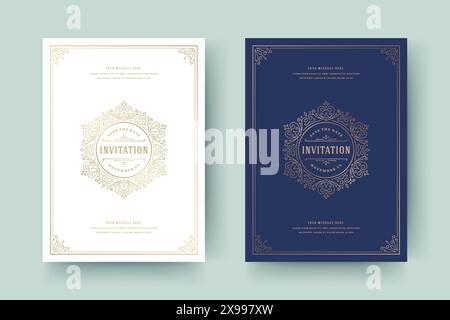 Hochzeitseinladung Speichern Sie die Datumskarte Vorlage goldene Blüten Ornamente Vignette Swirls. Vintage viktorianische Ornate Rahmen und Dekoration Hochzeit Ele Stock Vektor