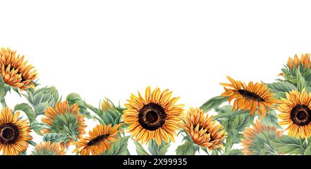 Blühendes Sonnenblumenfeld. Orangegelbe Blüten. Sonnenblumen mit Blatt und Knospen. Horizontaler Rahmen mit leerem Leerzeichen für Text. Florale Sommerkomposition Stockfoto