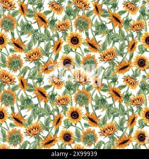 Blühendes Sonnenblumenfeld. Ineinandergreifende Blütenstämme. Nahtloses Muster. Orangegelbe Blüten. Sonnenblumen mit Blatt und Knospen. Stockfoto