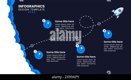 Infografik-Vorlage mit Symbolen und 4 Optionen oder Schritten. Blaue Rakete. Kann für Workflow-Layout, Diagramm, Banner und Webdesign verwendet werden. Vektorabbildung Stock Vektor