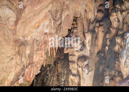 Eine Höhle mit vielen Felsformationen und Stalaktiten, die von der Decke hängen. Die Szene ist geheimnisvoll und beeindruckend. Stockfoto