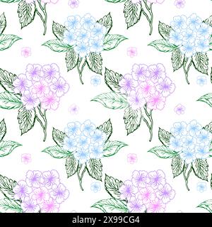 Blaue und lila Hortensie violette Blume nahtloses Muster mit Linien-Art-Farbblume. Kleiner Blume Vektor Hintergrund Stock Vektor