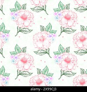 Frühlingspfingstrose nahtloses Muster mit farbenfroher Blume. Chines Peon und kleiner Blumenhintergrund Stock Vektor