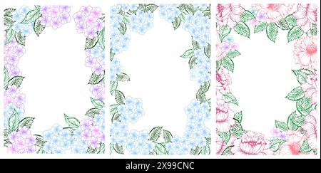 Frühlingsblumen-Set-Banner mit blauer und rosafarbener Hortensie. Strichbild kleine Blume mit Blättern für Karte oder Einladung Stock Vektor