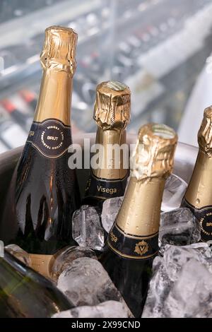 Mehrere Flaschen Visega Brut Cava, gekühlt in einem Eimer Eis, eine spanische Marke von trockenem Sekt gekühlt und bereit für eine Veranstaltung serviert Stockfoto