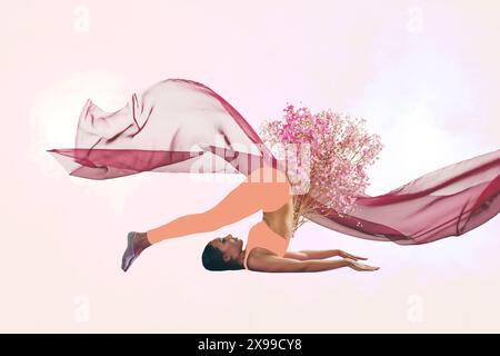 Composite Sketch Bild Artwork Foto Collage der Frühling Jahreszeit Natur Pflanze Blume junge Frau Yoga Pilates Pose Übungsgewebe im Freien Stockfoto