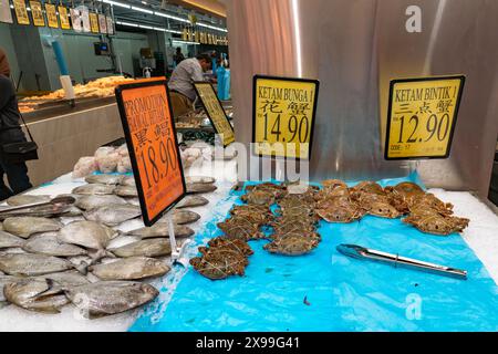 Kuala Lumpur, Malaysia - 9. Mai 2024 : verschiedene Meeresfrüchte wie Oktopus, Krabben, Fisch, Muscheln, Garnelen auf einem feuchten Markt Stockfoto