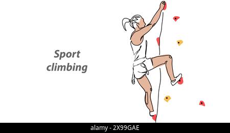 Sport Klettern Vektor Hintergrund, Banner, Poster. Eine durchgehende Strichgrafik-Illustration des Wandklettersports Stock Vektor