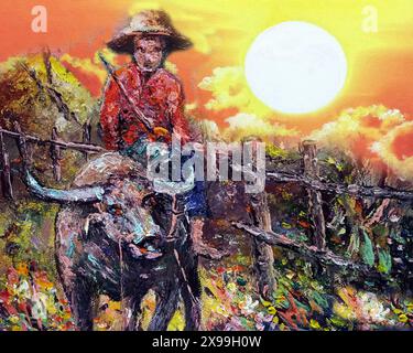 Handgemalte Original-Impressionismus Meisterwerke Malerei Kunst Ölfarbe Malerei Kinder reitend Büffelbauer in den Provinzen in thailand Stockfoto