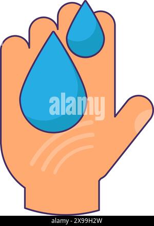 Symbol für Wassertropfen nach unten an der Hand. Achten Sie darauf, Ihre Hände zu waschen, medizinische gestrichene Cartoonelemente für modernes und Retro-Design. Einfacher Farbvektor pi Stock Vektor