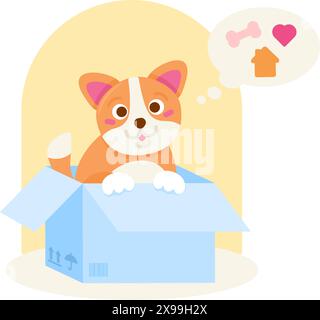 Niedliche Vektor-Cartoon-flache Umrisse Adoption PET Dog Concept Illustration ist eine Vektor-Illustration über glückliches lustiges Hauswelpen Tier in Box träumend A Stock Vektor