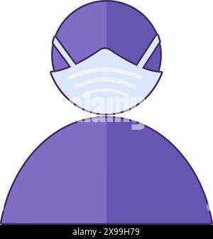 Avatar Mann trägt Gesichtsmaske Symbol. Warnsymbol, medizinisch gestrichenes Cartoonelement für modernes und Retro-Design. Einfaches Farbvektorpiktogramm isoliert Stock Vektor