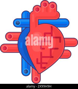 Diagramm des Symbols für die Herzstruktur. Venöses und arterielles System, medizinisch gestreiftes Cartoonelement für modernes und Retro-Design. Einfache Farbvektorpiktogra Stock Vektor