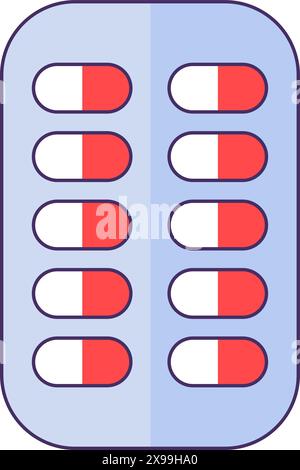 Blisterpackung mit Pillen-Symbol. Rechteckige Platte mit Medizinkapseln, medizinisch gestrichenem Cartoonelement für modernes und Retro-Design. Einfacher Farbvekt Stock Vektor