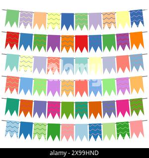 Farbenfrohe Fahnen und bunte Girlanden zur Dekoration. Dekoelemente mit verschiedenen Mustern. Vektorabbildung Stock Vektor