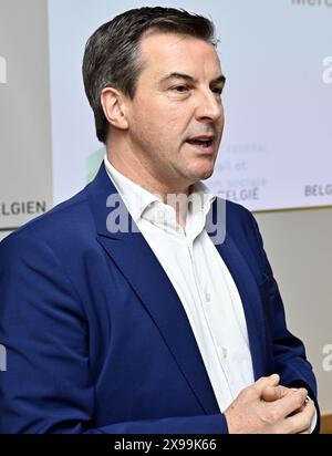 Brüssel, Belgien 30. Mai 2024. Gert Truyens, Vorsitzender der liberalen gewerkschaft ACLVB-CGSLB, wurde auf einer Pressekonferenz mit den vorläufigen Ergebnissen der jüngsten Sozialwahlen in Belgien am Donnerstag, den 30. Mai 2024 in Brüssel vorgestellt. BELGA PHOTO ERIC LALMAND Credit: Belga News Agency/Alamy Live News Stockfoto