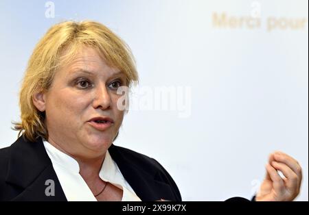 Brüssel, Belgien 30. Mai 2024. Miranda Ulens, Vorsitzende der sozialistischen gewerkschaft der ABVV/FGTB, auf einer Pressekonferenz mit den vorläufigen Ergebnissen der jüngsten Sozialwahlen in Belgien am Donnerstag, den 30. Mai 2024 in Brüssel. BELGA PHOTO ERIC LALMAND Credit: Belga News Agency/Alamy Live News Stockfoto