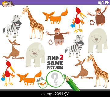 Cartoon-Illustration von zwei gleichen Bildern Lernspiel mit Tierfiguren Stock Vektor