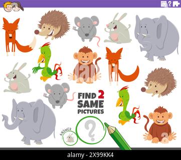 Cartoon-Illustration von zwei gleichen Bildern, Bildungsaktivität mit Tierfiguren Stock Vektor